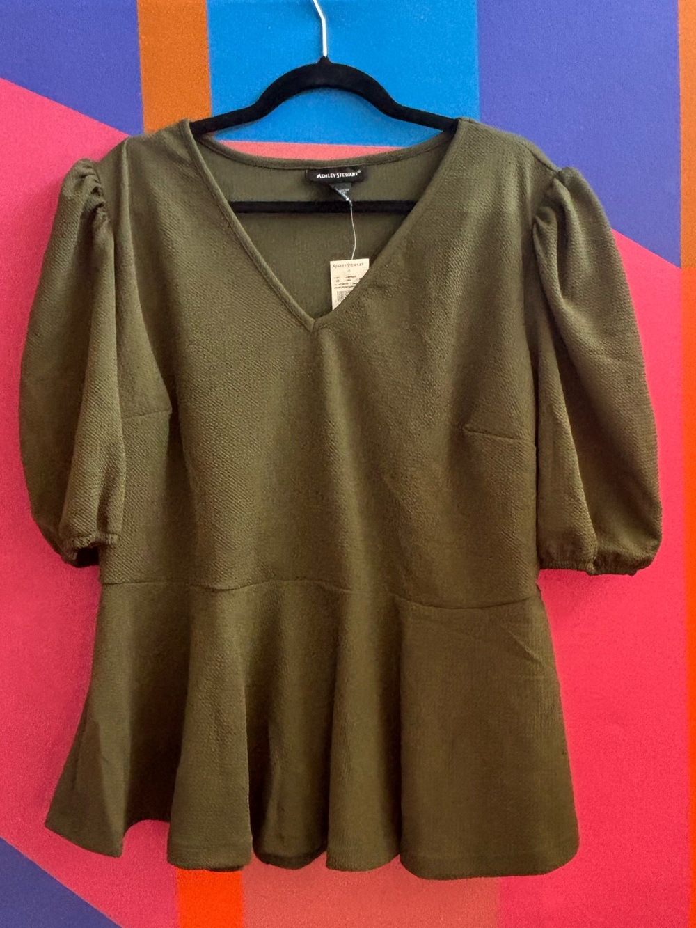 NWT Ashley Stewart Olive Puff-Sleeve V-Neck Peplum Top
